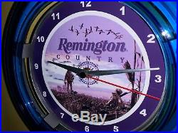 Remington Country Firearms Shotgun Gun Store Hunting Blue Neon Wall Clock Sign