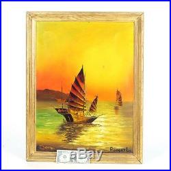 Robert Lo painting Chinese junk boats vtg oil on canvas seascape sailing neon