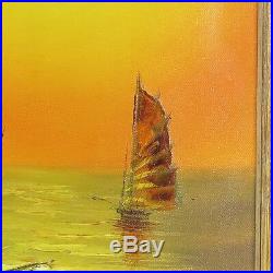 Robert Lo painting Chinese junk boats vtg oil on canvas seascape sailing neon