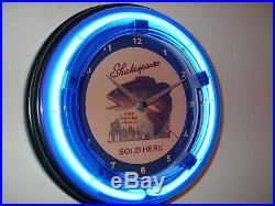 Shakespeare Fishing Lure Pole Man Cave Blue Neon Advertising Wall Clock Sign