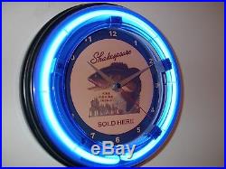 Shakespeare Fishing Reel Rod Lures Man Cave Neon Lighted Advertising Clock Sign