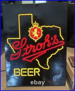 Texas Stroh's Beer Sign Vintage 1980s 20x16 Lighted Neon Back Lit Man Cave Works