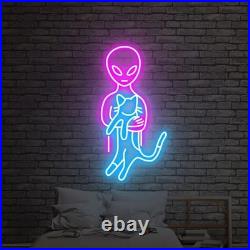 UFO cat LED Neon Sign 30x18 Light Man Cave Beer Bar Vintage Wall Decor