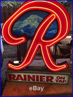 VINTAGE RAINIER Beer ON TAP Mountain Scene Neon Sign Back Bar Display