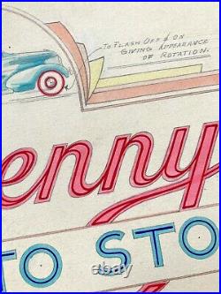 VTG Antique Original 1940s Neon Sign Concept Drawing Benny's Auto Stores OOAK