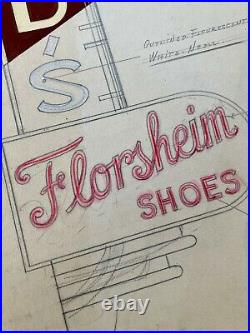 VTG Antique Original 1940s Neon Sign Concept Drawing Floyd's Florsheim Shoe OOAK