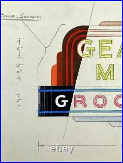 VTG Antique Original 1940s Neon Sign Concept Drawing Gearins Meat Groceries OOAK