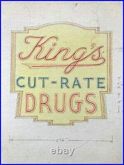 VTG Antique Original 1940s Neon Sign Concept Drawing King's Cut-Rate Drugs OOAK