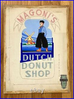 VTG Antique Original 1940s Neon Sign Concept Drawing Magoni's Dutch Donut Shop