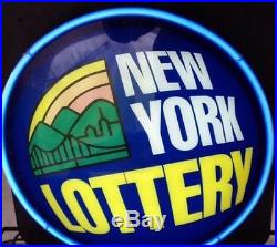 VTG NEW YORK NY LOTTERY light NEON SIGN Lamp MAN CAVE Blue Flashing Lotto Zeon