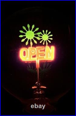 VTG Neon OPEN Sign TESLA Light Bulb w Green Glowing Fireworks July 4th America