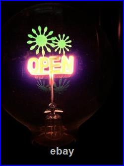 VTG Neon OPEN Sign TESLA Light Bulb w Green Glowing Fireworks July 4th America