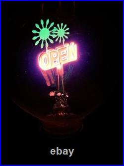 VTG Neon OPEN Sign TESLA Light Bulb w Green Glowing Fireworks July 4th America