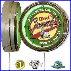 Vintage 15 DADS GARAGE OPEN 24 HOURS Metal Sign Neon Wall Clock Night Light