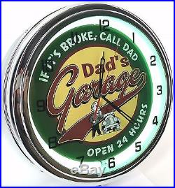 Vintage 15 DADS GARAGE OPEN 24 HOURS Metal Sign Neon Wall Clock Night Light Vintage 15 DADS GARAGE OPEN 24 HOURS Metal Sign Neon Wall Clock Night Light
