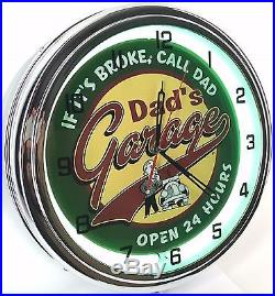 Vintage 15 DADS GARAGE OPEN 24 HOURS Metal Sign Neon Wall Clock Night Light