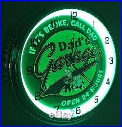Vintage 15 DADS GARAGE OPEN 24 HOURS Metal Sign Neon Wall Clock Night Light