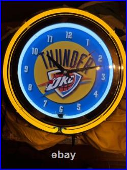 Vintage 15 Thunder OKC Sign Double Neon Wall Clock Yellow Neon