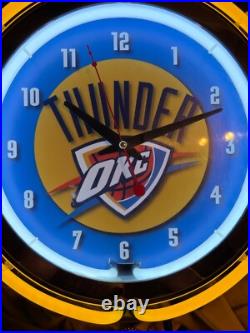 Vintage 15 Thunder OKC Sign Double Neon Wall Clock Yellow Neon