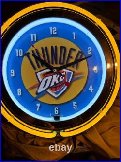 Vintage 15 Thunder OKC Sign Double Neon Wall Clock Yellow Neon
