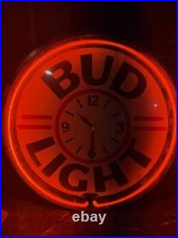 Vintage BUD LIGHT Budweiser Neon 19.5 Lighted Wall Clock Beer Bar Sign Rare