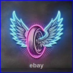 Vintage Biker Winged Wheel LED Neon Sign 30x24 Light Car Garage Wall Decor