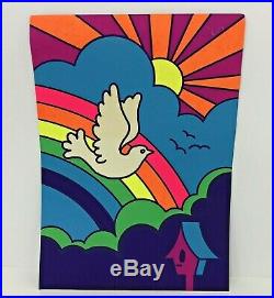 Vintage Blacklight Poster Peace Dove Two Sided Sign Neon Rainbow Sun Black Light