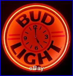 Vintage Bud Light Beer (RED) Neon Bar Light Clock Sign Tested & Works 20x20x6