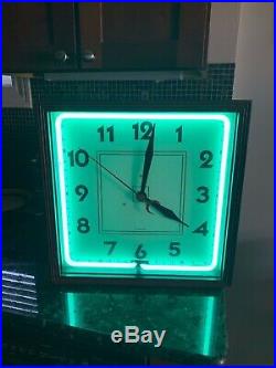 Vintage Carson Turquoise Neon Wall Clock Sign Art Deco Chicago Eames Era WORKS
