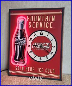 Vintage Coca Cola Fountain Service Tin Red NEON lighted Clock Sign Working
