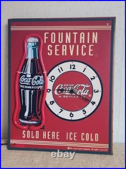Vintage Coca Cola Fountain Service Tin Red NEON lighted Clock Sign Working