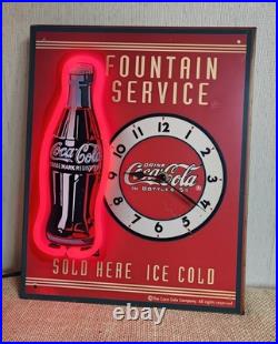 Vintage Coca Cola Fountain Service Tin Red NEON lighted Clock Sign Working