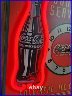 Vintage Coca Cola Fountain Service Tin Red NEON lighted Clock Sign Working