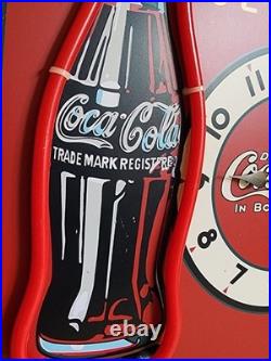Vintage Coca Cola Fountain Service Tin Red NEON lighted Clock Sign Working