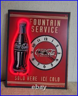 Vintage Coca Cola Fountain Service Tin Red NEON lighted Clock Sign Working