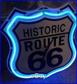 Vintage Historic Route 66 Neon Sign and Clock Man Cave Bar Clean Tested WORKS
