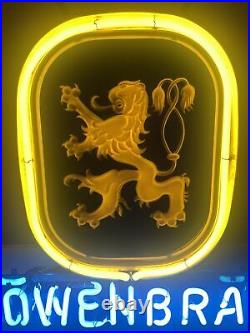 Vintage Lowenbrau Glass Neon Beer Sign Gold Lion With Blue Background 1970's