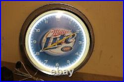 Vintage Miller Lite Beer Bar Tavern Metal Neon Lighted Clock Sign WORKS