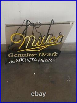 Vintage Miller Lite Genuine Draft Neon Sign 23x19x4.5in de etiqueta negra