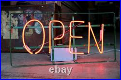 Vintage Neon Sign STORE DISPLAY hanging OPEN Sign GREEN METAL FRAME old Vintage Neon Sign STORE DISPLAY hanging OPEN Sign GREEN METAL FRAME old