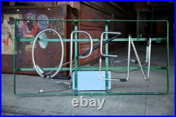 Vintage Neon Sign STORE DISPLAY hanging OPEN Sign GREEN METAL FRAME old Vintage Neon Sign STORE DISPLAY hanging OPEN Sign GREEN METAL FRAME old