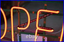 Vintage Neon Sign STORE DISPLAY hanging OPEN Sign GREEN METAL FRAME old Vintage Neon Sign STORE DISPLAY hanging OPEN Sign GREEN METAL FRAME old