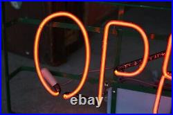 Vintage Neon Sign STORE DISPLAY hanging OPEN Sign GREEN METAL FRAME old Vintage Neon Sign STORE DISPLAY hanging OPEN Sign GREEN METAL FRAME old