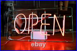 Vintage Neon Sign STORE DISPLAY hanging OPEN Sign GREEN METAL FRAME old Vintage Neon Sign STORE DISPLAY hanging OPEN Sign GREEN METAL FRAME old