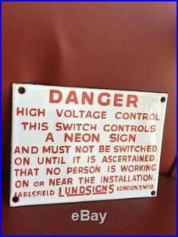 Vintage Old Original 1928 LUNDSIGNSEnamel Sign Danger Neon Sign Switch