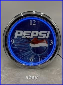 Vintage Pepsi Ice Neon Wall Clock Blue Chrome NOS New Bag Working Man Cave 16