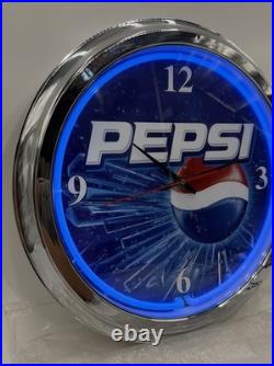 Vintage Pepsi Ice Neon Wall Clock Blue Chrome NOS New Bag Working Man Cave 16