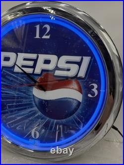 Vintage Pepsi Ice Neon Wall Clock Blue Chrome NOS New Bag Working Man Cave 16