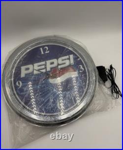 Vintage Pepsi Ice Neon Wall Clock Blue Chrome NOS New Bag Working Man Cave 16
