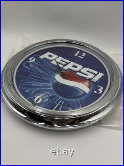 Vintage Pepsi Ice Neon Wall Clock Blue Chrome NOS New Bag Working Man Cave 16